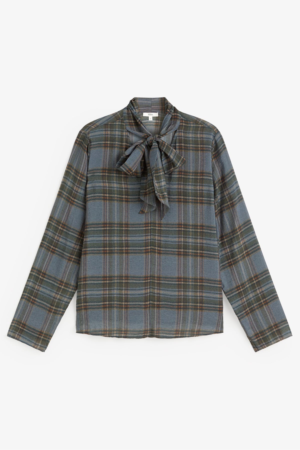 Yerse Newport Blue Check Tie Neck Top 45823, front flat lay