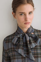 Yerse Newport Blue Check Tie Neck Top 45823, close-up of the tie neck
