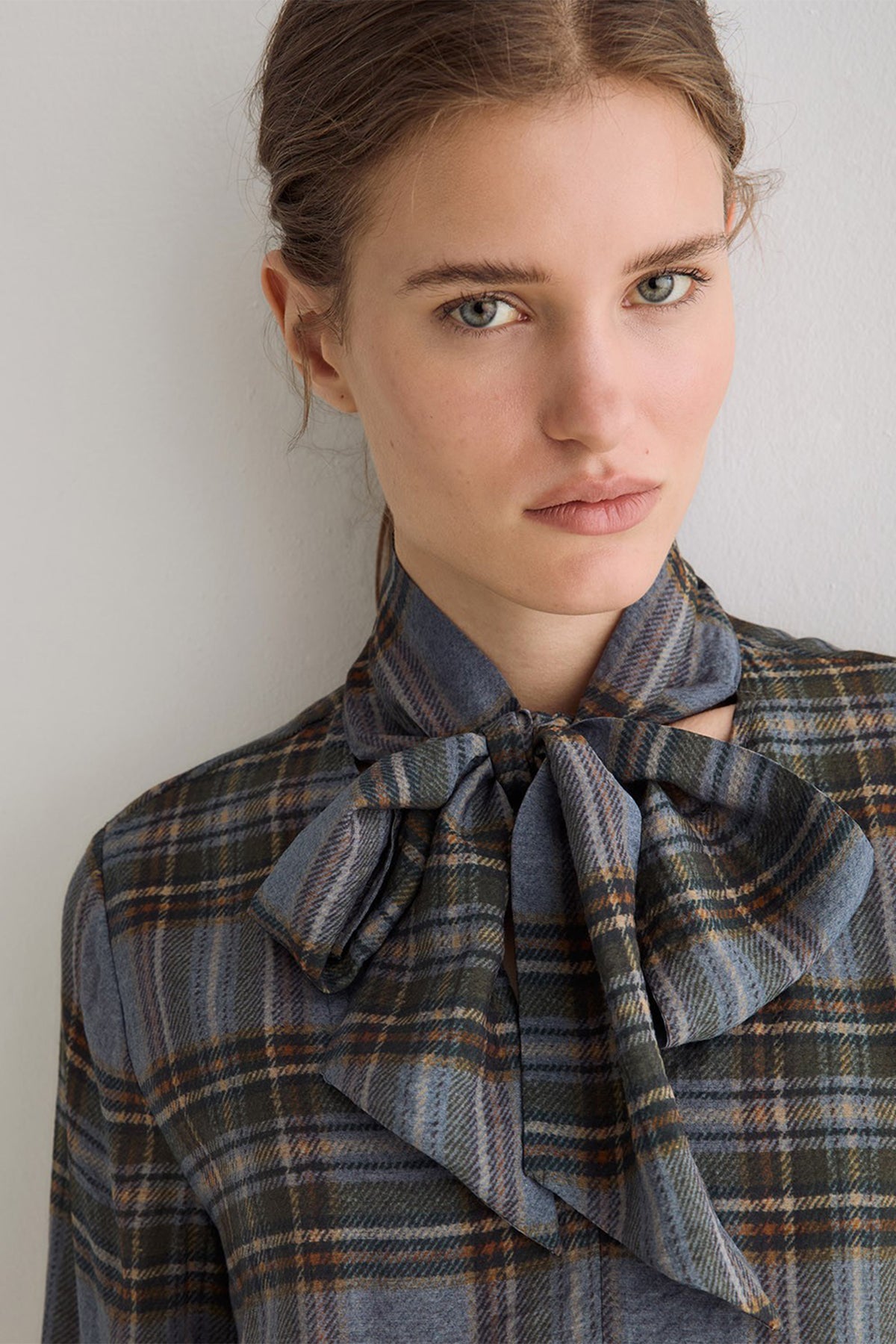 Yerse Newport Blue Check Tie Neck Top 45823, close-up of the tie neck