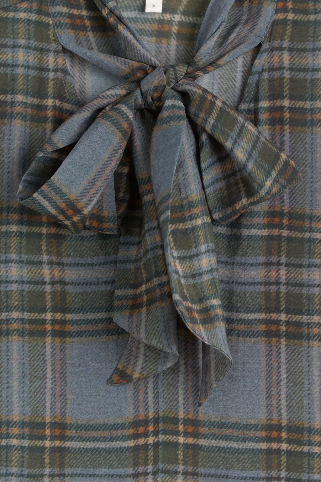 Yerse Newport Blue Check Tie Neck Top 45823, bow and check detail