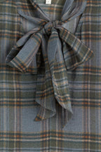 Yerse Newport Blue Check Tie Neck Top 45823, bow and check detail