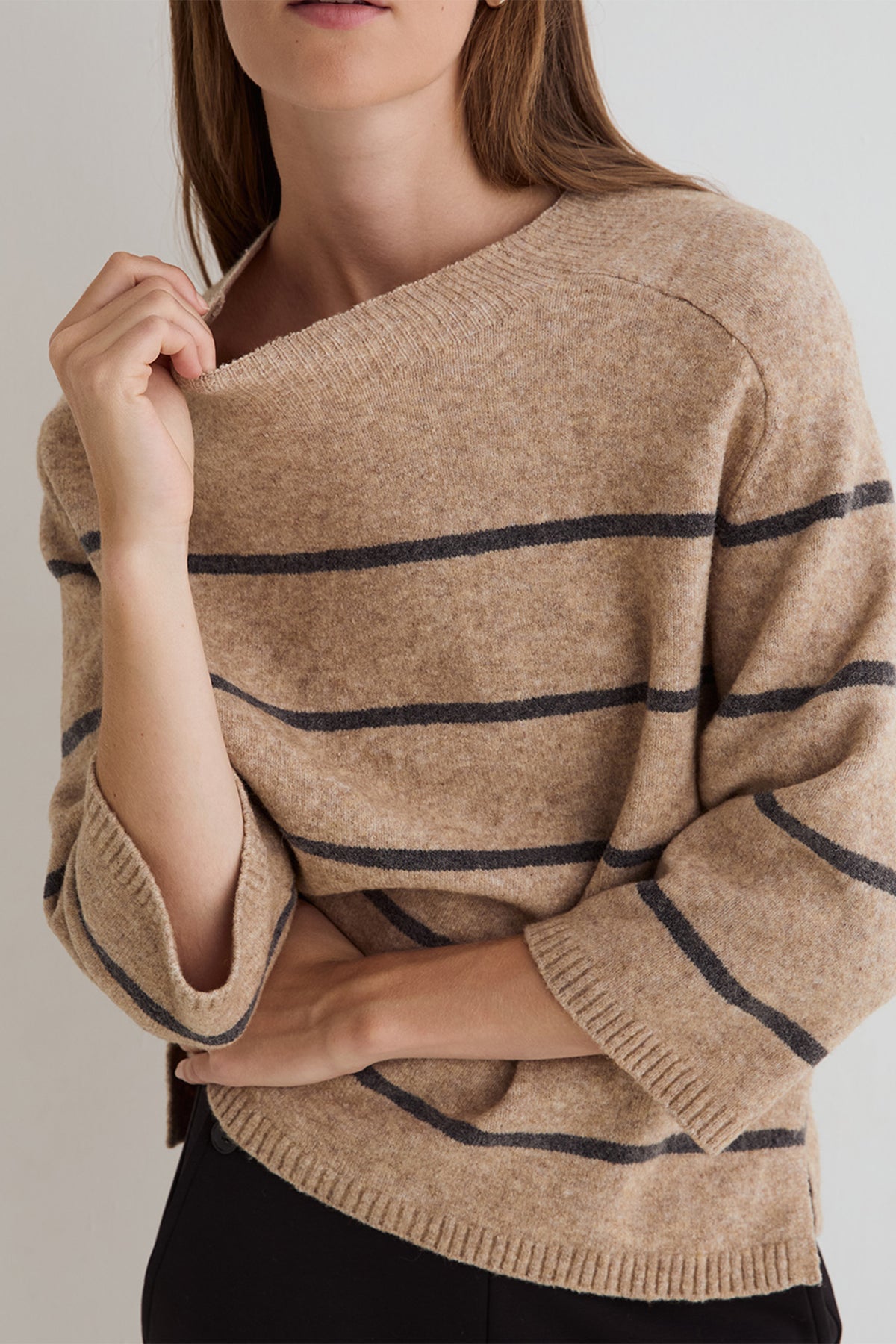 Yerse Ninas Crudo Camel Beige Stripe Jumper 45540, sleeve and stripe detail
