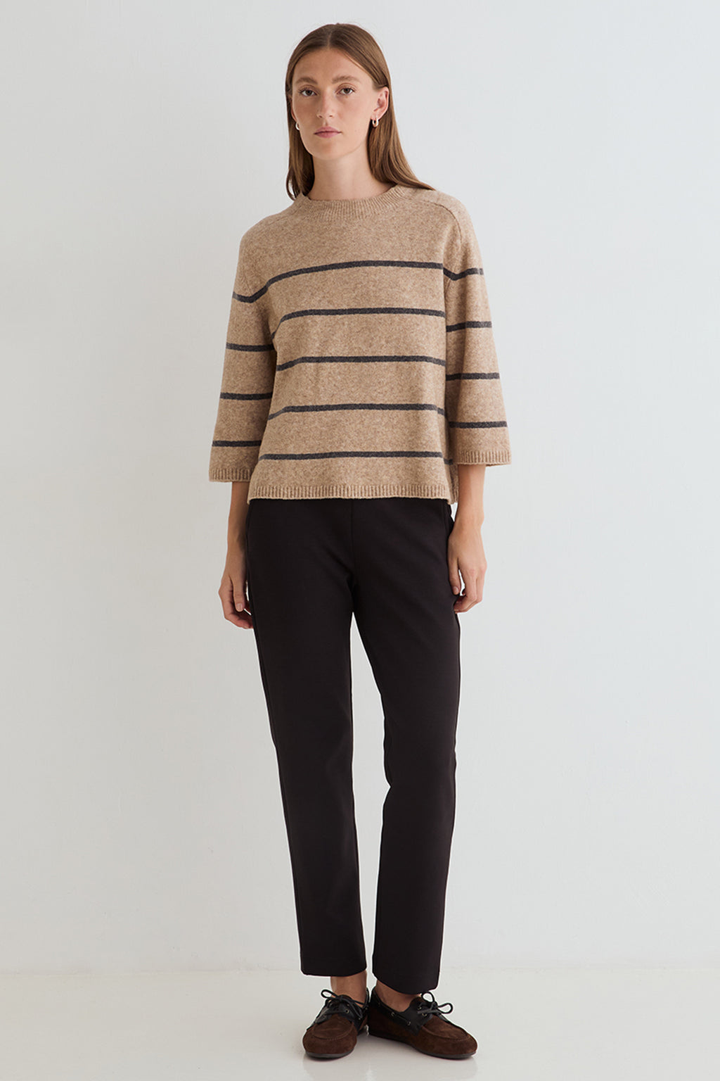 Yerse Ninas Crudo Camel Beige Stripe Jumper 45540, full-length view