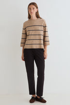 Yerse Ninas Crudo Camel Beige Stripe Jumper 45540, full-length view