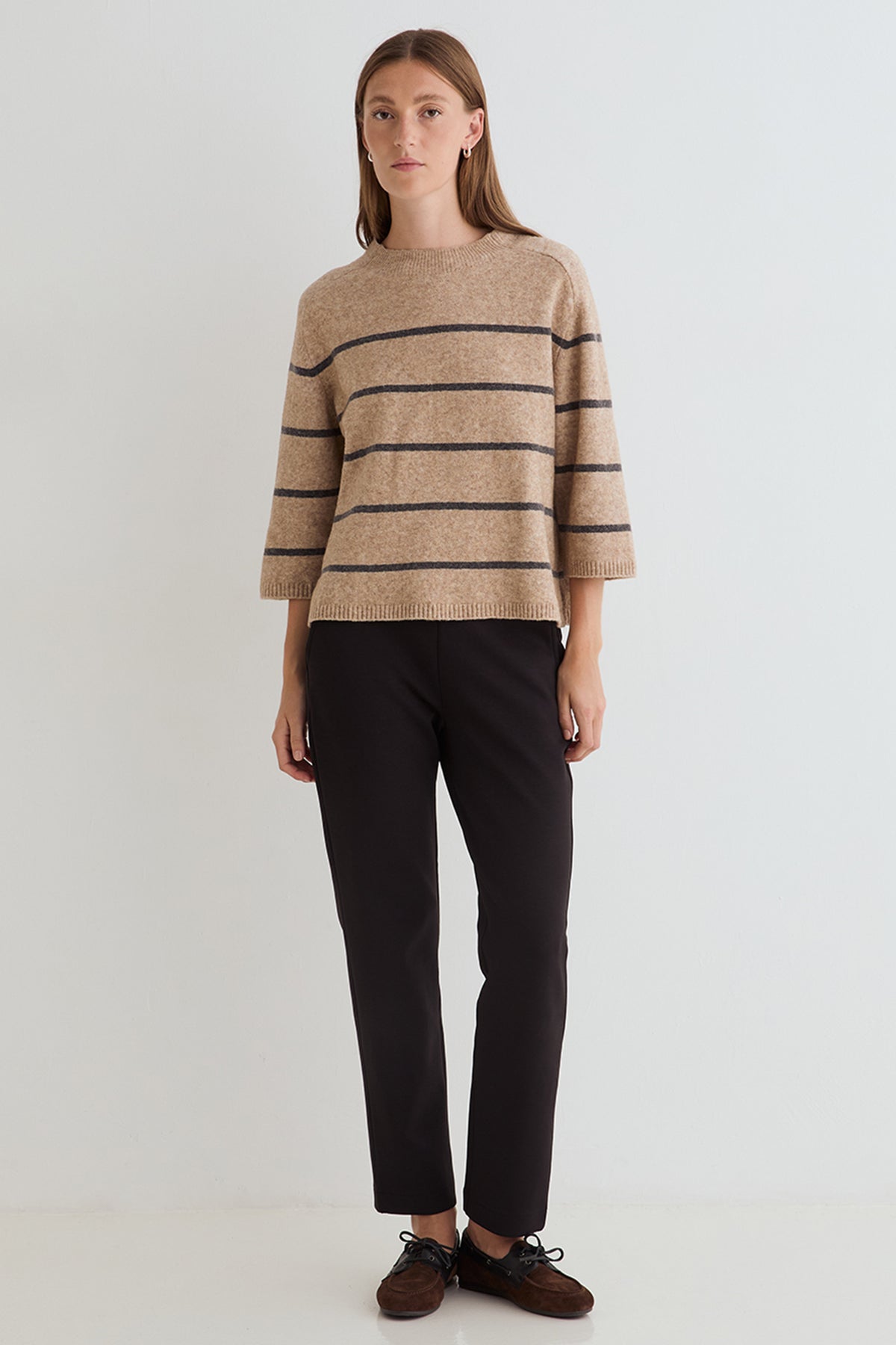 Yerse Ninas Crudo Camel Beige Stripe Jumper 45540, full-length view