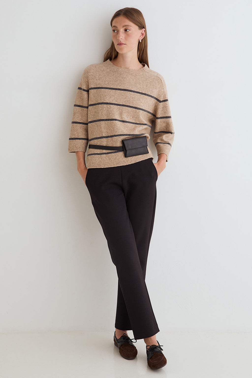 Yerse Ninas Crudo Camel Beige Stripe Jumper 45540, full-length styled view