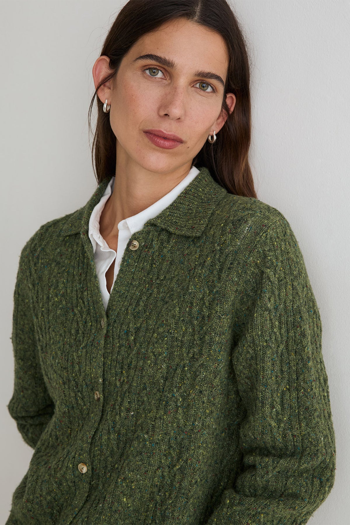 Yerse Sandy Green Cable Knit Cardigan 45529, front close-up