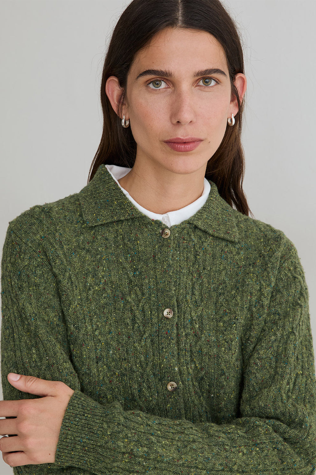 Yerse Sandy Green Cable Knit Cardigan 45529, cable knit and collar detail
