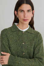 Yerse Sandy Green Cable Knit Cardigan 45529, cable knit and collar detail
