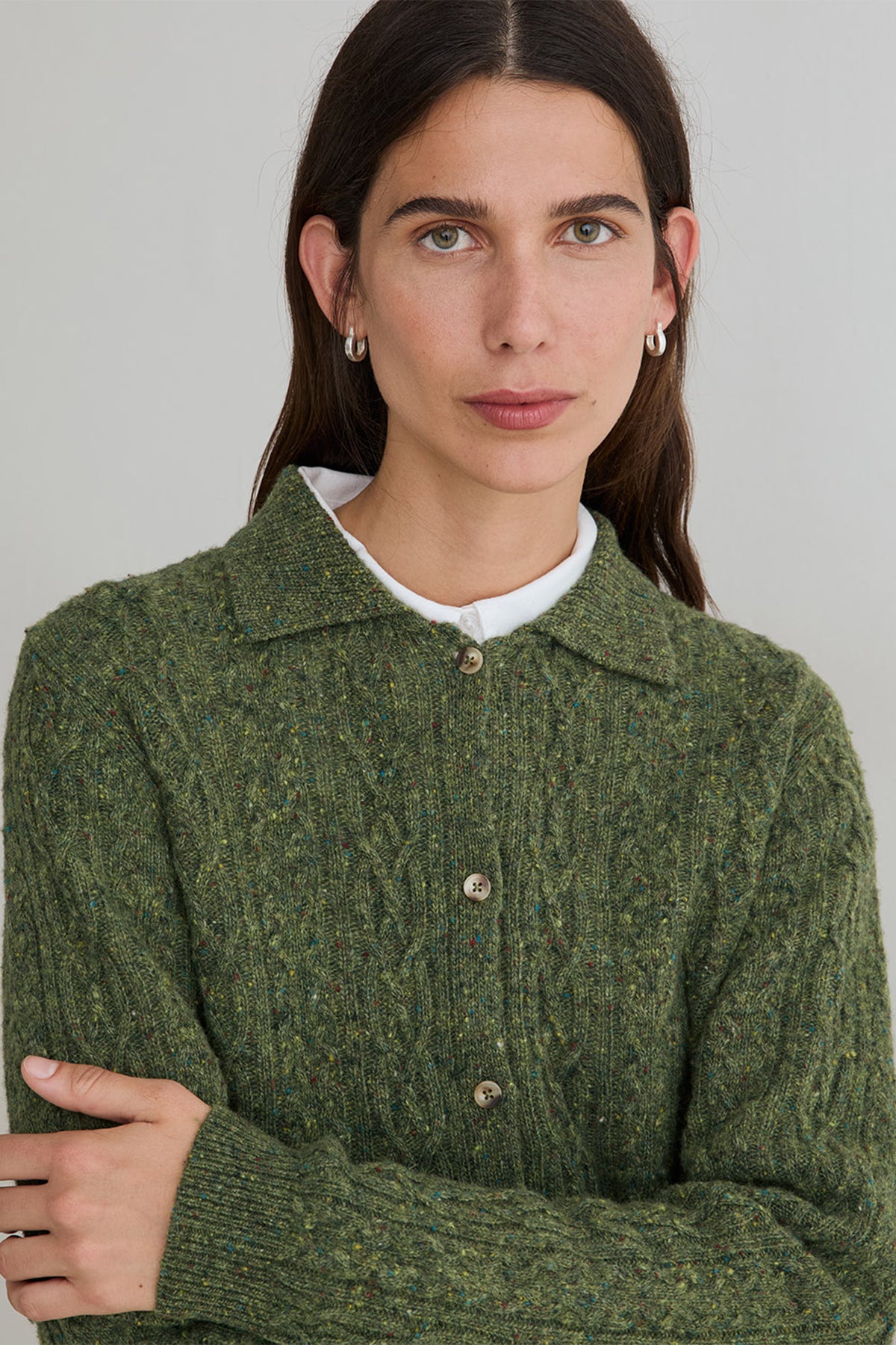 Yerse Sandy Green Cable Knit Cardigan 45529, cable knit and collar detail