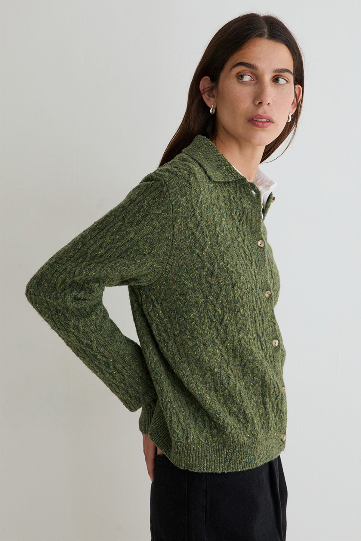 Yerse Sandy Green Cable Knit Cardigan 45529, side view