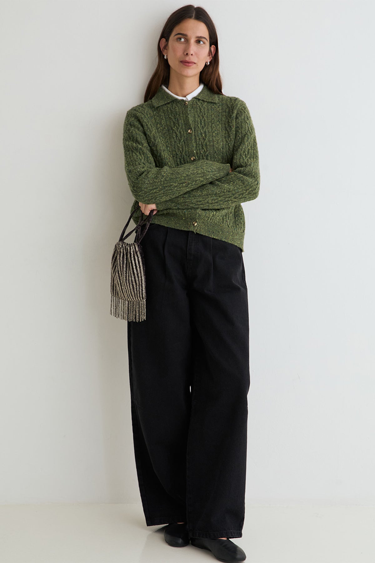 Yerse Sandy Green Cable Knit Cardigan 45529, full-length view