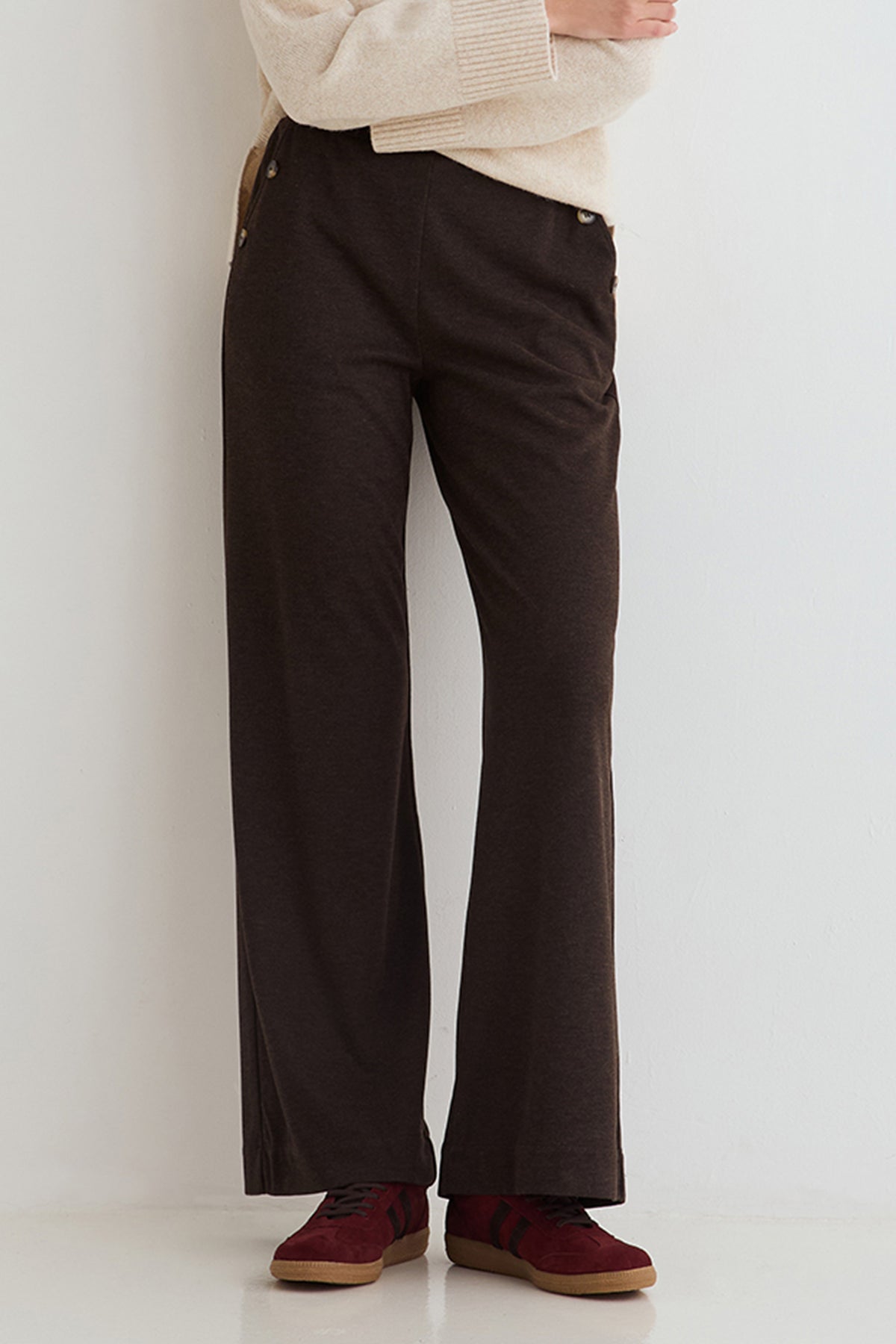 Yerse Virginia Brown Wide Leg Trousers 45410, front view close crop